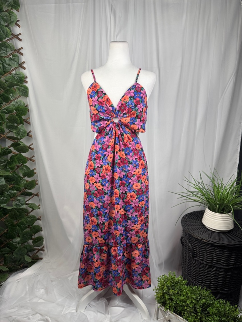 Tropical Floral Knot-Front Maxi Dress in Pink & Orange